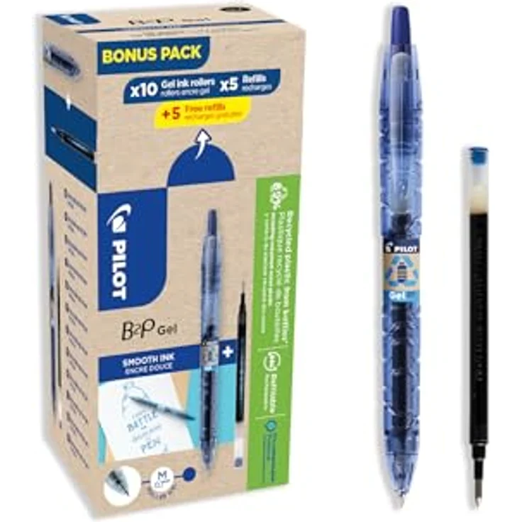 Pilot Begreen B2P Gelroller, nachfüllbar, 10 Gelstifte und 10 Refills (Blau, 100% plastikfrei) – Bild 1