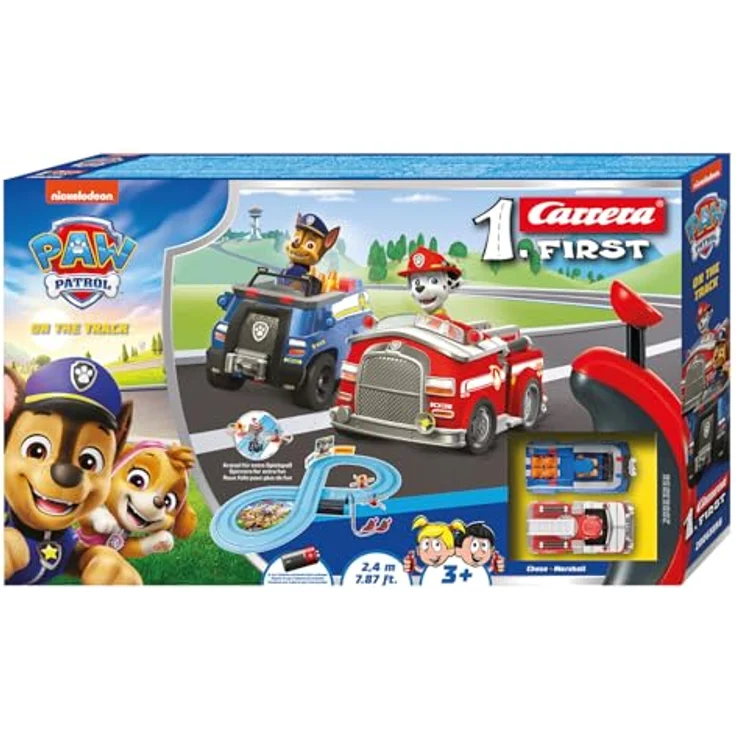 Carrera First PAW Patrol, On The Track – 2,4 Meter Spielbahn mit Chase & Marshall, kindgerechte Handregler, interaktive Elemente, batterie betrieben – Bild 1