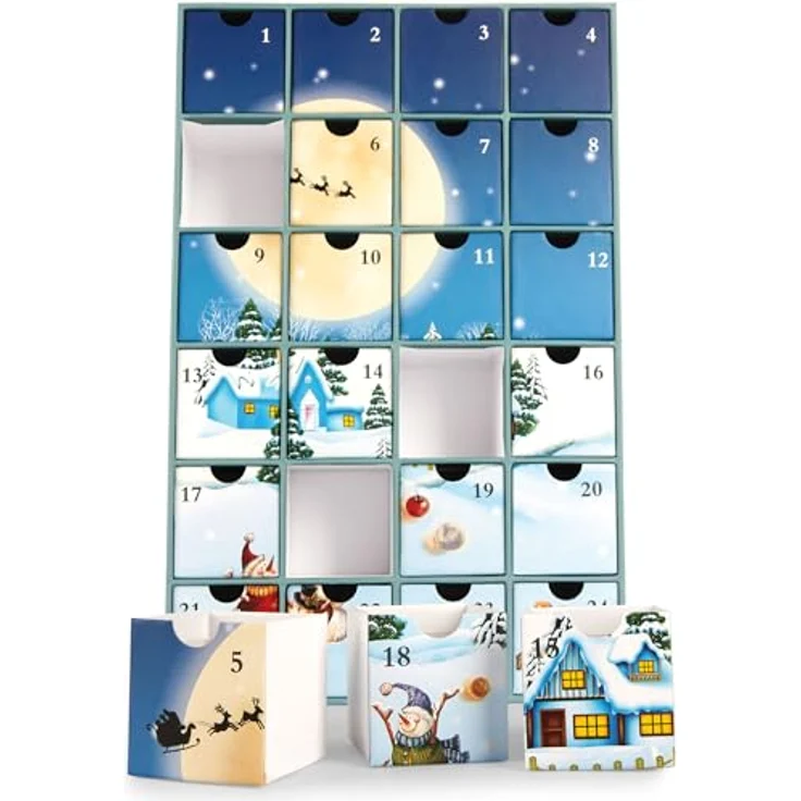 BRUBAKER Adventskalender zum Befüllen - Weihnachtsdorf im Schnee 2024 - DIY Weihnachtskalender - 39 cm groß, Blau-Weiß – Bild 5