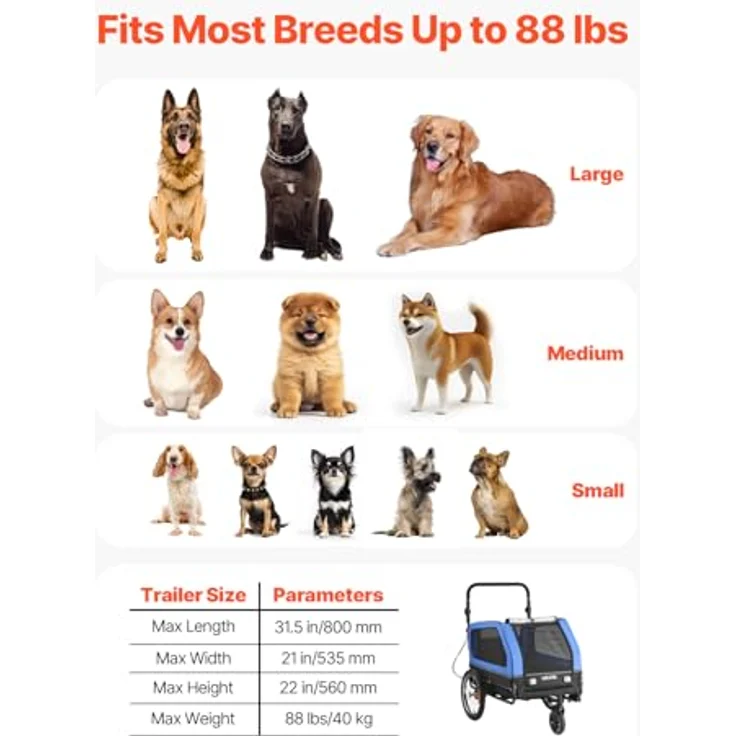 VEVOR Hundeanhänger PTS22-C, 2-in-1 Fahrradanhänger für Hunde bis 40 kg, klappbarer Rahmen, universelle Fahrradkupplung, inkl. Flagge und interner Leine, 1380x755x800 mm – Bild 3