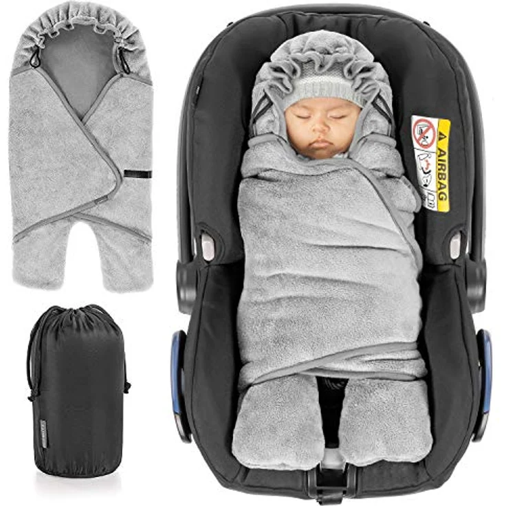 Zamboo Baby Einschlagdecke mit Füßen - Winter - gefütterte Decke für Babyschalen/Autositze (passend für Maxi-Cosi, Cybex, Römer) und Kinderwagen, mit Kapuze und Tasche - Grau – Bild 2