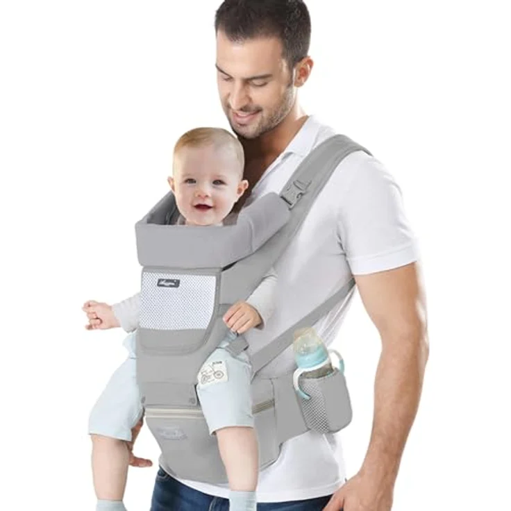 IULONEE Neugeborene Babytrage, Ergonomisch Babytrage mit Hüftsitz Multifunktional Kindertrage Dorsal und Ventral Babyrückentragen für Kleinkinder 3 Monate bis 3 Jahre (3-20kg) Grau – Bild 2