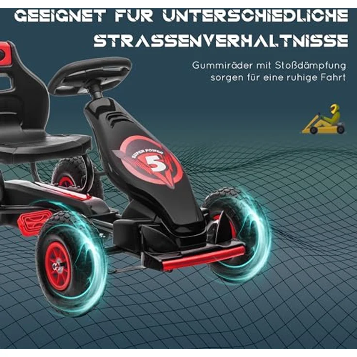 HOMCOM Go-Kart Kettcar Tretauto mit Gummireifen, für 5-12 Jahre Kinder, 121L x 58B x 61H cm, Rot&Schwarz – Bild 6