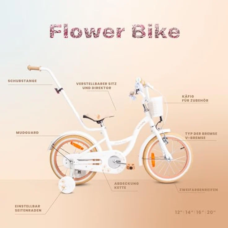 sun baby Mädchenfahrrad 16 Zoll Flower Bike mit Abnehmbarer Schubstange, Kinderfahrrad für Mädchen von 2 bis 6 Jahre (Weiß Beige) – Bild 5