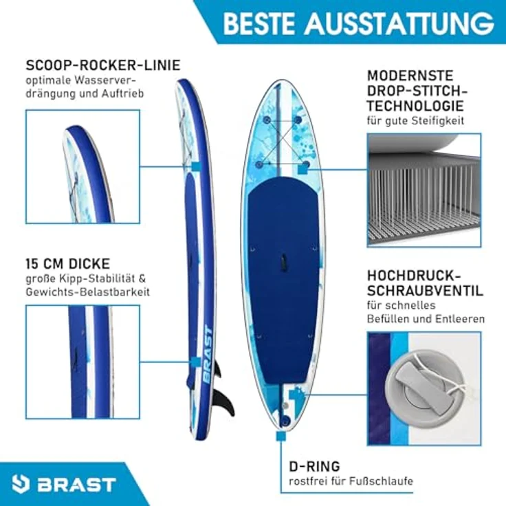 BRAST® SUP Board Shark, Aufblasbares Stand Up Paddle Set, 320x81x15cm, bis 140kg tragbar, inkl. Kajaksitz und Zubehör, 8 Designs, 5 Jahre Garantie – Bild 4