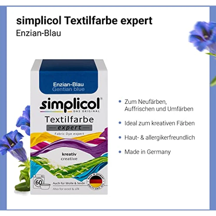 simplicol Textilfarbe expert Enzian-Blau 1709 - Zum Umfärben und Auffrischen von Kleidung, Waschmaschinenfest, für Baumwolle, Wolle, Seide, Leinen, Viskose & Mischgewebe – Bild 3