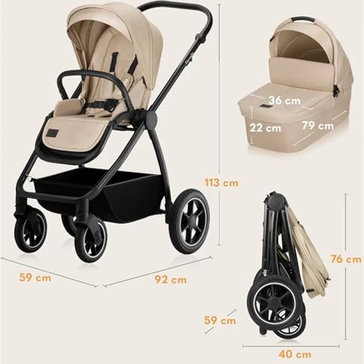 Lionelo Meril Kombikinderwagen 3-in-1, XL-Babywanne, Buggy und ADAC-zertifizierter Kindersitz, geländegängige Räder, voll gefedert, Beige – Bild 9