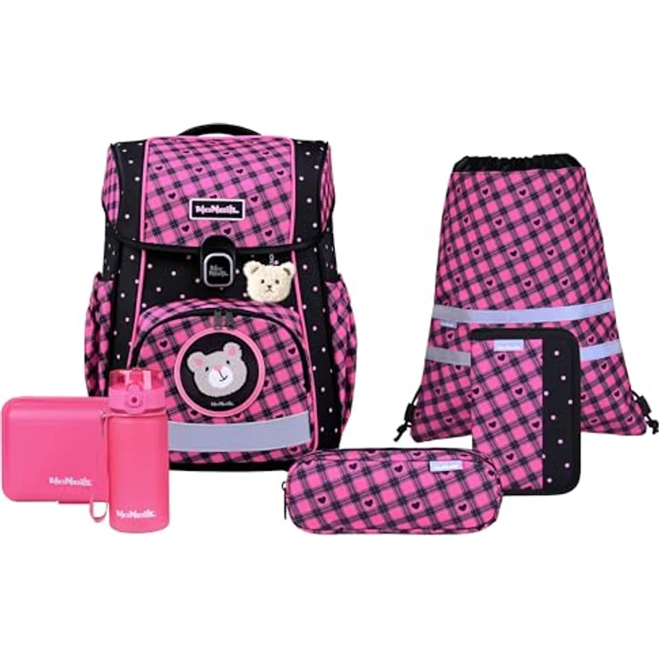McNeill Schulranzen-Set BRAVO 9tlg. BUDDY, ergonomisch, schwarz-rosa Teddy-Herzen, inkl. gefülltem Etui, Sportbeutel und Trinkflasche – Bild 2