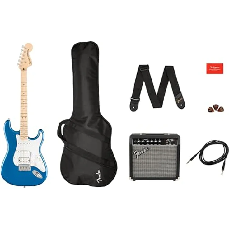 Fender Squier Affinity Series Stratocaster HSS Pack, E-Gitarren Set in Lake Placid Blue mit 15W Verstärker und Zubehör, Ahorn-Hals