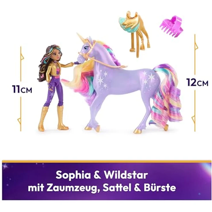 Spin Master Anziehpuppe Unicorn Academy - Small Doll & Unicorn - Sophia & Wildstar, 11 cm große Puppe mit 7 Artikulationspunkten, seidige Mähne und Schweif, abnehmbares Sattel und Zaumzeug, ab 4 Jahren, Ankleidepuppen-Maßstab – Bild 2