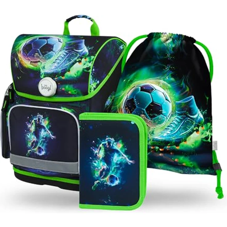 Baagl Schulranzen Set 3-teilig Ergo Schultasche Jungen - Fußballspieler, ergonomisch mit isolierter Fronttasche und großem Federmäppchen – Bild 1