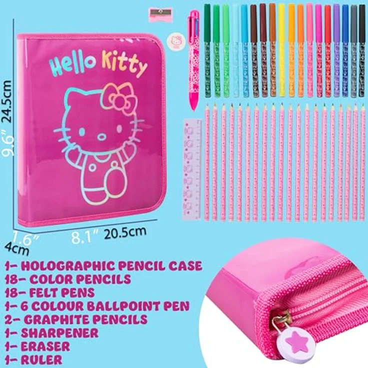 Hello Kitty Federmäppchen, gefüllt mit Buntstiften, Filzstiften und Zubehör, rosa, ideal für Schule und kreative Projekte – Bild 4