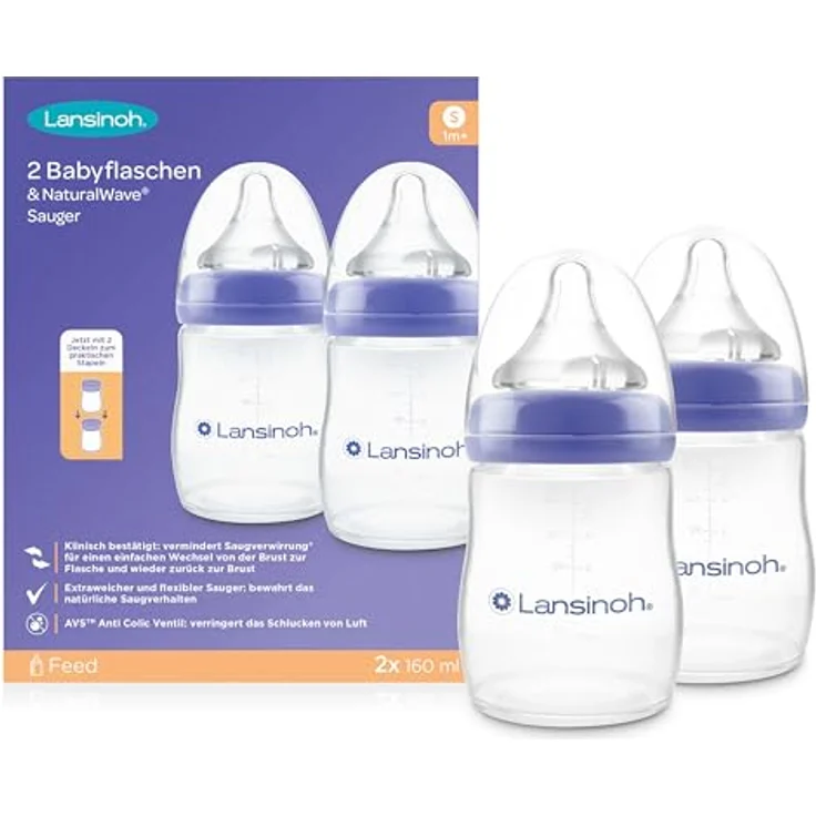Lansinoh PP-Flasche 2er Pack 160ml mit Natural Wave® Trinksauger Gr. S, flexibel & stillfreundlich – Bild 1