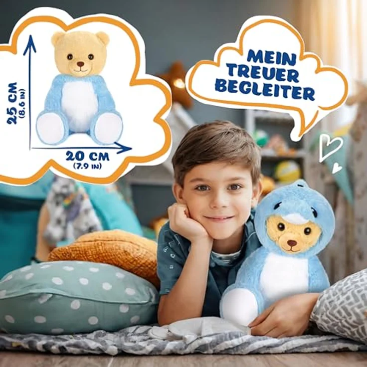 BRUBIES Teddy Delfin, 25 cm Teddybär im blauen Delfinkostüm mit abnehmbarer Kapuze, kuscheliges Plüschtier für Kinder, pflegeleicht – Bild 4
