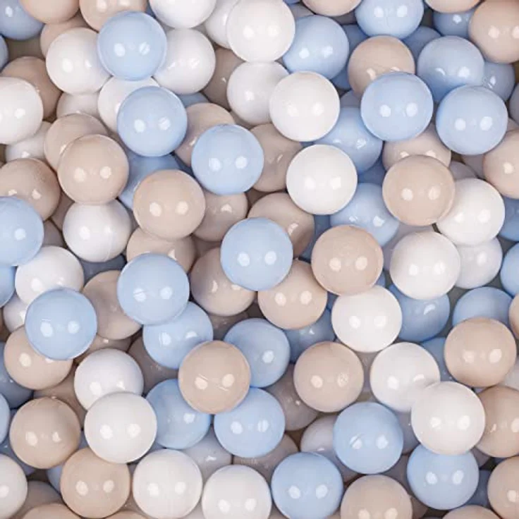KiddyMoon Kinder Bälle 200 Stück, 7 cm Einfarbige Plastikbälle für Bällebad, Pastellbeige/Pastellblau/Weiß, BPA-frei, Made in EU – Bild 2