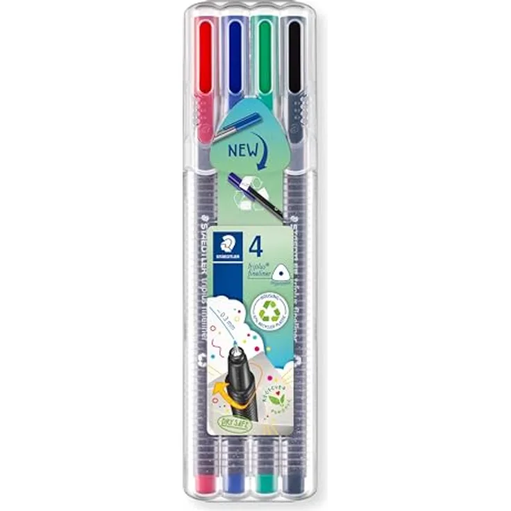 STAEDTLER triplus® 334 Fineliner, farbsortiert mit 0,3 mm Strichbreite, ergonomische Dreikantform, 4 St. (grün, schwarz, rot, blau)