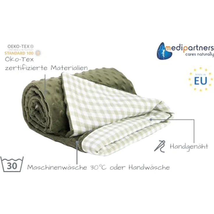 Medi Partners Babydecke, Kuscheldecke 75x100cm aus 100% Baumwolle mit olivfarbenem Minky, doppelseitig und antiallergisch, ideal für Neugeborene und Kleinkinder – Bild 2