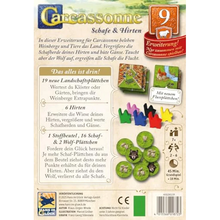 Hans im Glück Carcassonne – Schafe und Hirten (Auflage 2025), 9. Erweiterung, Familienspiel für 2-6 Spieler, ab 7 Jahren, 45 Minuten Spielzeit, deutsch – Bild 3