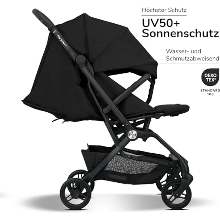 my junior® Buggy PICO² | bis 22kg | Einhand AutoFold-Klappmechanismus | Ergonomische Liegeposition nach IGR e. V. | großes Sonnenverdeck UV50+ | Handgepäckmaß | 2 Belüftungsfenster - Black Night – Bild 5