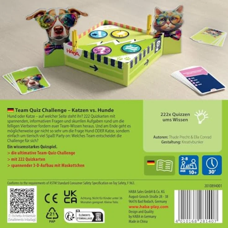 HABA Team Quiz Challenge Katzen vs. Hunde - Mit 222 Quizkarten & vielen Fragen - Mitbringspiel für Spieler ab 10 Jahren – Bild 2