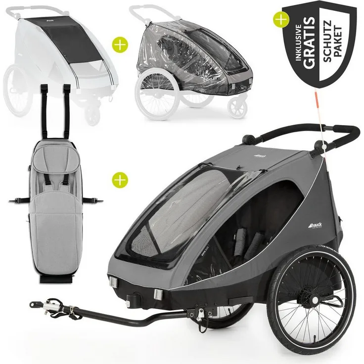 Hauck Dryk Duo Fahrradkinderanhänger, 2in1 Buggy für 2 Kinder mit Babysitz Lounger, Schutzpaket & umfangreichen Zubehör, Grey