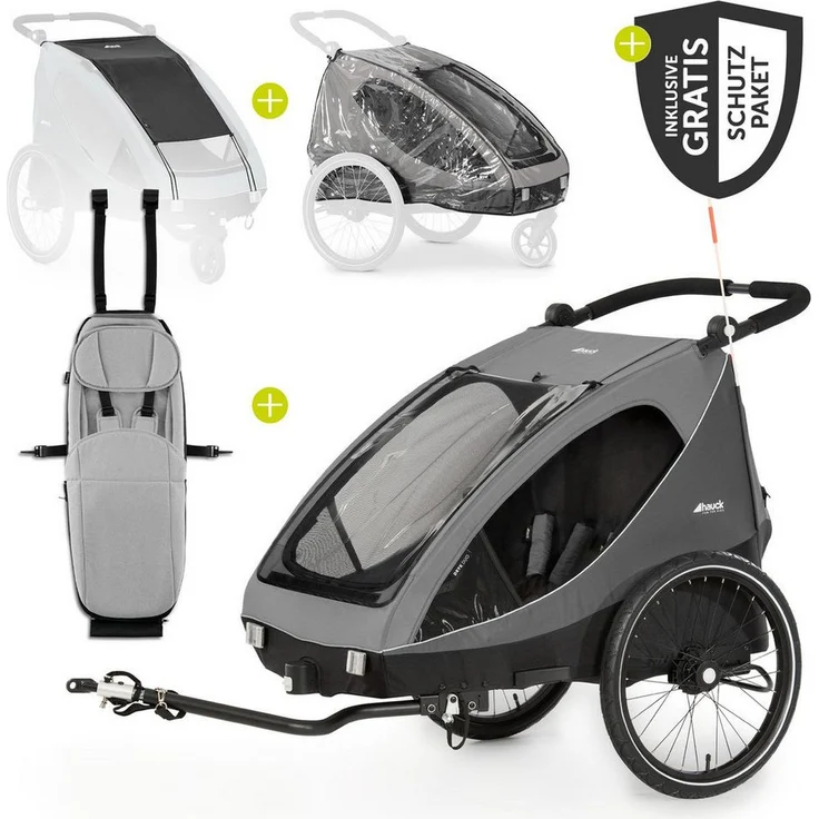 Hauck Dryk Duo Fahrradkinderanhänger, 2in1 Buggy für 2 Kinder mit Babysitz Lounger, Schutzpaket & umfangreichen Zubehör, Grey