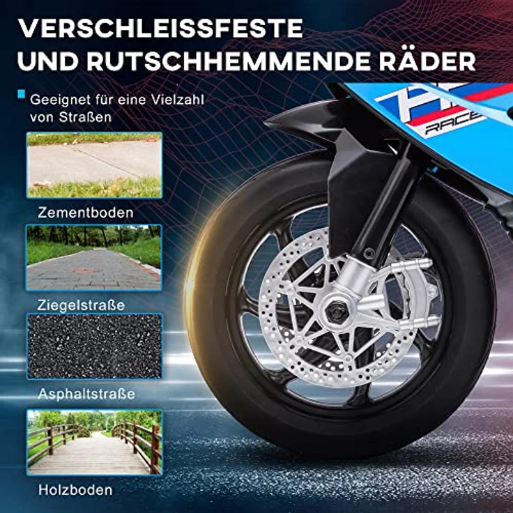 HOMCOM Elektro-Kindermotorrad Kindermotorrad, Elektromotorrad, Karbonoptik, 3 Musikmodi, inkl. Akku und Ladegerät, Blau – Bild 6