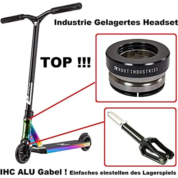 Root Industries R-Type Stunt-Scooter H= 82,5mm Park Trick Tret Roller + Fantic26 Sticker (Rainbow Neochrome) Scooter Aluminium 6061 110mm 3600g Rainbow Neochrome – Bild 3