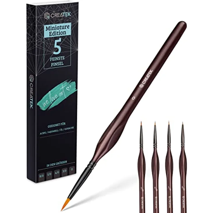 CreaTek Pinselset - 5 extra feine Detailpinsel für Acryl, Aquarell und Ölfarben | Höchste Präzision mit ergonomischem Griff und langlebigem By-Nylon Synthetikhaar