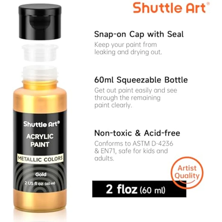 Shuttle Art Metallic Acrylfarben Set, 20x60ml Metallic Acrylfarben mit 10 Pinseln und 1 Palette, schnelltrocknend und wasserdicht für Basteln und Malen auf Leinwand, Holz und Stein, ungiftig – Bild 4