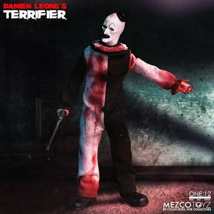 MEZCO Art The Clown Figur, 18 cm, Terrifier One:12 Collective mit 28 Gelenkpunkten, 3 Köpfen, Zubehör und Waffen – Bild 3