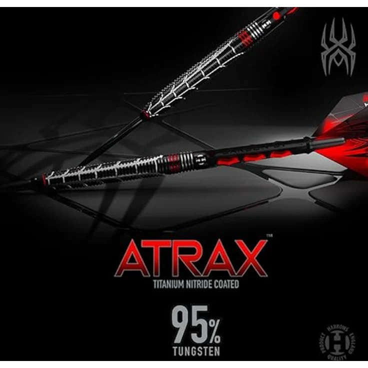 Harrows Atrax 95% Tungsten Darts, Darts-Set mit Stahlspitze, 21g-26g, Carbon ST-Schäfte und 100 Micron Atrax Red Flights – Bild 3