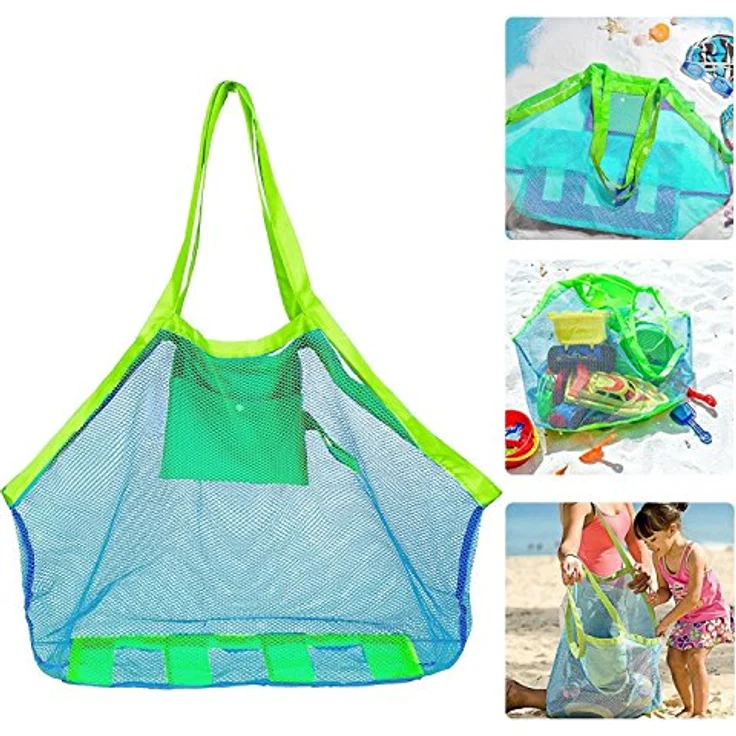 COOLGOEU Strandtasche Strandspielzeug Tasche XXL Groß für Sandspielzeug Wasserspielzeug für Kinder Aufräumsack Spielsack Badetasche Beachbag Faltbar für Familie Urlaub (Blau Mesh/Grün Strap) – Bild 8