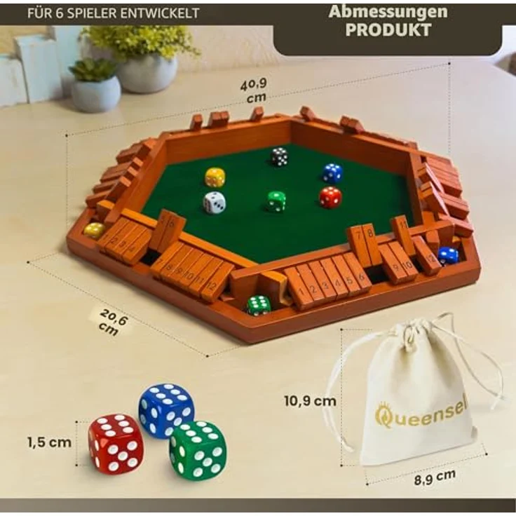 Queensell Shut the Box - Spielbrett aus Holz für 1–6 Spieler, 40 cm (16 Zoll) mit 12 Zahlen, rutschfesten Füßen und Filzpolsterung, ideal für den Spieleabend – Bild 3
