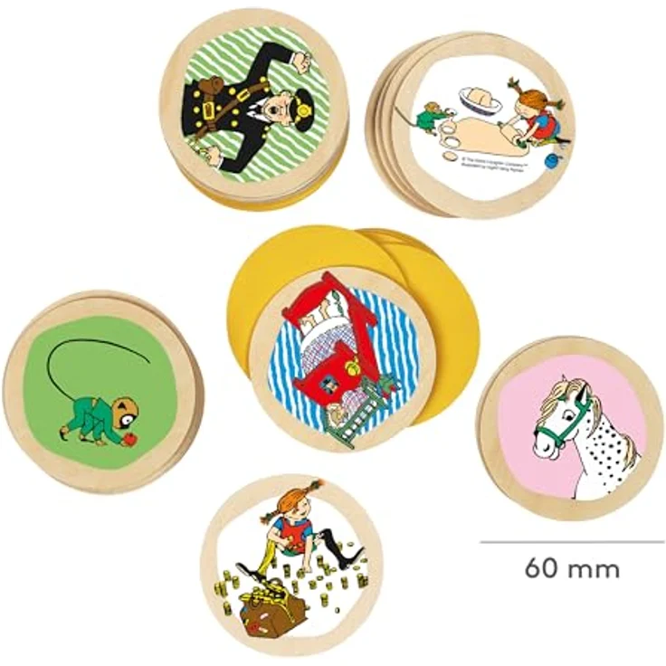 Pippi Langstrumpf Memo-Spiel, Holzspiel mit 38 runden Spielsteinen und Pippi-Motiven, ab 3 Jahren – Bild 4