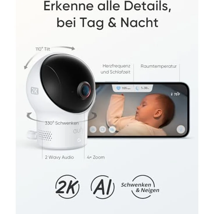 eufy Baby S340 Smart Sock Babyphone, 2,4 GHz WLAN, 2K-Kamera, Schlaf- und Vitaldatenüberwachung, KI-Weinerkennung, Schwenk- & Neigefunktion, ohne monatliche Gebühren – Bild 4
