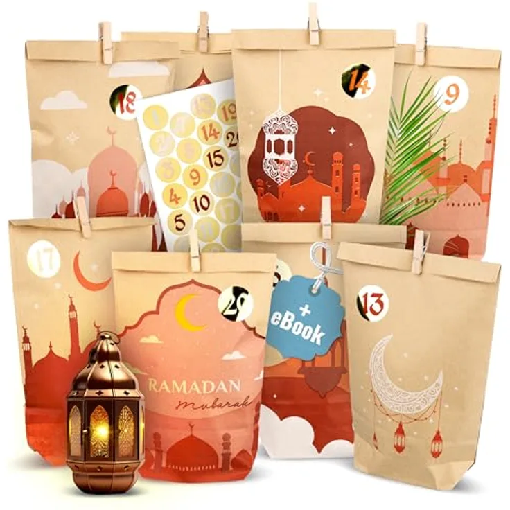 AMARI ® Ramadan Tüten (30 Tüten inklusive Sticker & Klammern) - Ramadankalender zum Befüllen - Ramadan Kalender Tüten - Ramadan Kalender Bastelset