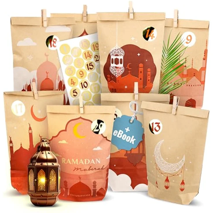 AMARI ® Ramadan Tüten (30 Tüten inklusive Sticker & Klammern) - Ramadankalender zum Befüllen - Ramadan Kalender Tüten - Ramadan Kalender Bastelset – Bild 1