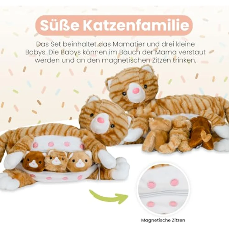 Mamanimals Katze Kuscheltier mit 3 Baby Katzen, Reißverschluss-Bauch, magnetische Zitzen zum Säugen, hochwertiges Plüschtier Set für Kinder, orange getigert – Bild 3