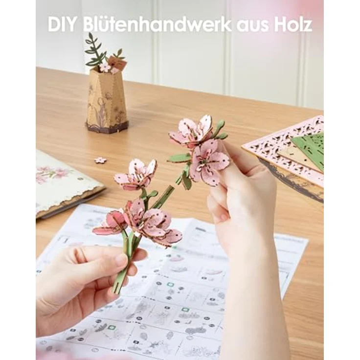 ROBOTIME 3D Holz Blumen Puzzle Sakura, DIY Bastelset für Erwachsene mit verstellbarem Stiel, künstliche ewige Blüten für Valentinstag, Muttertag und Weihnachten – Bild 5