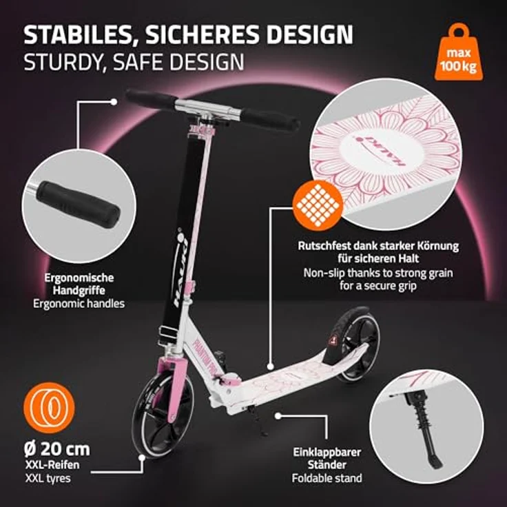 Hauki Cityroller Scooter Rosa, klappbar & höhenverstellbar, XXL-Räder, Tritt-Bremse, für Kinder & Erwachsene bis 100 kg – Bild 3