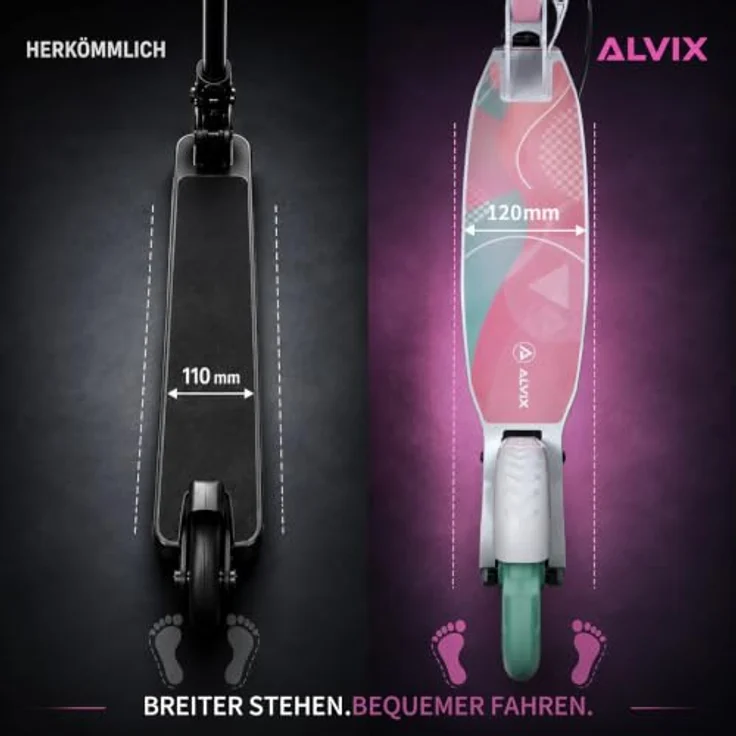ALVIX Cityroller Kinderroller K-Serie mit Handbremse, faltbar, 200-mm-LED-Räder, breites 120-mm-Deck, Tragegurt, empfohlen ab 6 Jahren – Bild 5