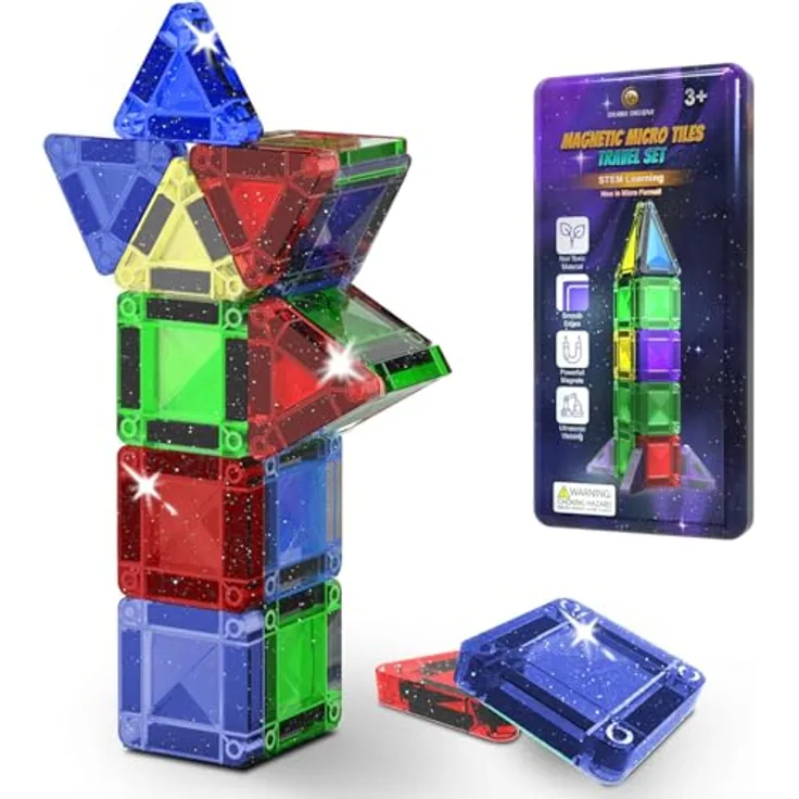 Desire Deluxe Mikro Magnetische Bausteine, 18-teiliges STEM Lernspielzeug im Reiseformat mit Glitzer für Kinder ab 3 Jahren