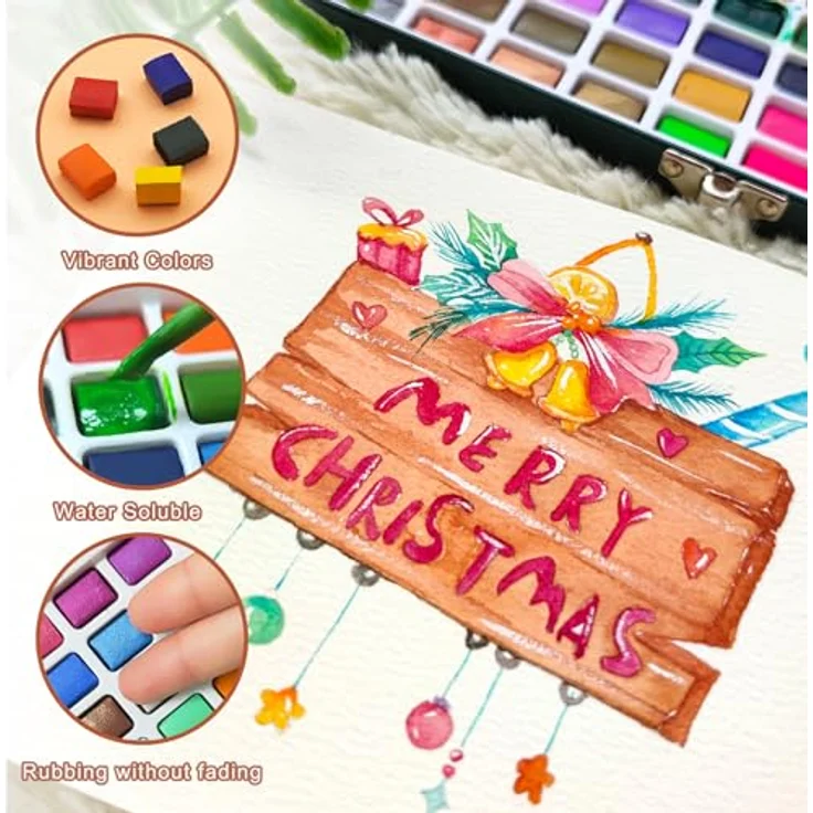 Artecho Aquarellfarben Set 168 Farben, Tragbare Box mit 12 fluoreszierenden, 48 metallic, 24 macaron und 84 klassischen Farben, inklusive Pinsel und Aquarellpapier für Künstler und Hobbymaler – Bild 5