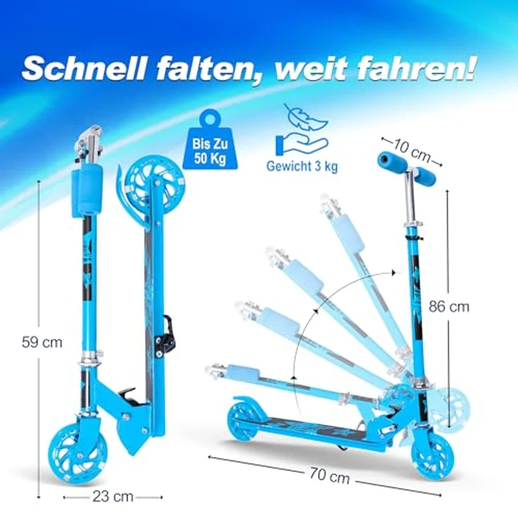 Habib Gruppe Kids Scooter, Mitwachsender Tretroller mit LED-Rädern, klappbar, 4-stufig höhenverstellbar für Kinder 3-10 Jahre, Blau – Bild 3