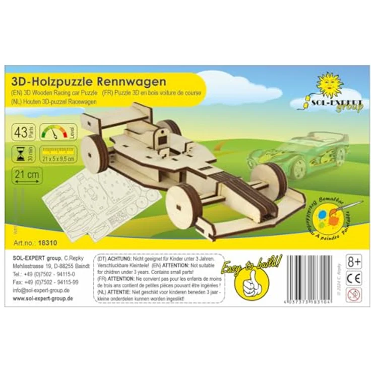 Sol Expert 3D Holz Puzzle Rennwagen, 43 präzise gelaserte Holzteile, ohne Kleber, aus beliebig colorierbarem Pappelholz, empfohlen ab 8 Jahren, Schwierigkeitsgrad mittel – Bild 5