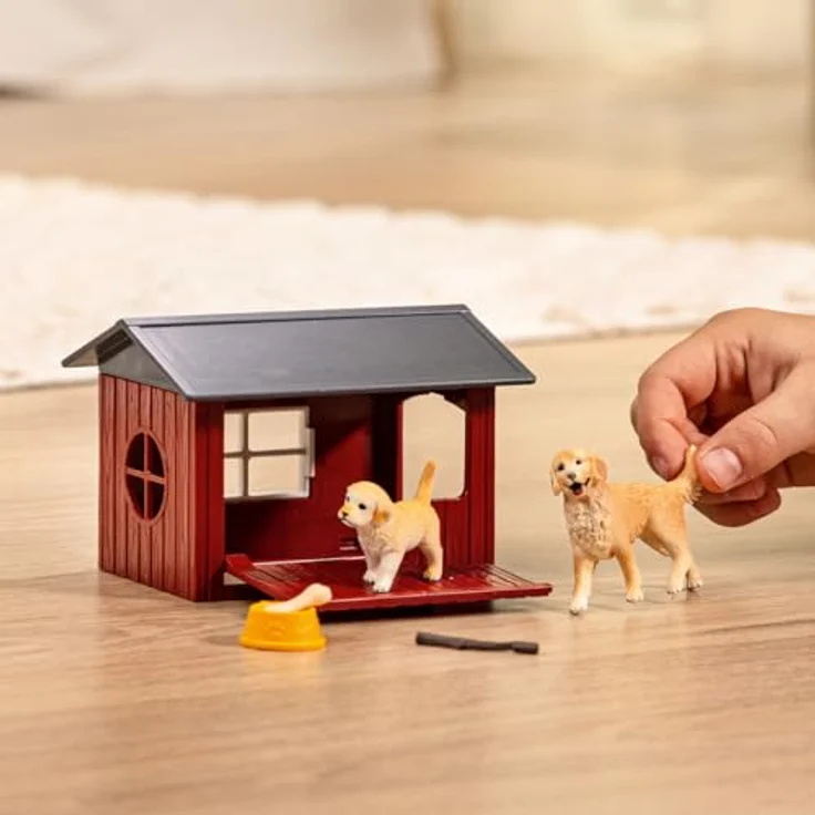 Schleich Hundehütte mit Golden Retrievern, rote Holz-Hundehütte mit Fenster und abnehmbarem Dach, 17 x 13 x 7,8 cm – Bild 2