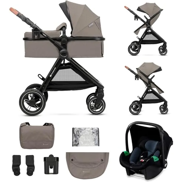 KinderKraft Esme 3-in-1 Kinderwagen, kompakt faltbar mit Ökoleder-Elementen, TPE-Gummirädern und Travel System-Funktion