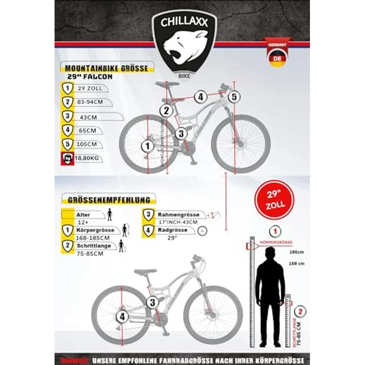 Chillaxx Bike Falcon Premium Mountainbike in 24 und 26 Zoll - Fahrrad für Jungen, Mädchen, Damen und Herren - Scheibenbremse- 21 Gang-Schaltung - Vollfederung (Schwarz-Disc-Bremse, 29 Zoll) – Bild 5
