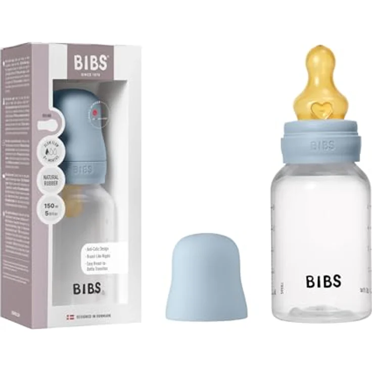 BIBS Babyflasche 150 ml, Sauger aus Naturkautschuk, anti-kolik, BPA-frei, langsamem Fluss, leicht, für Neugeborene, Baby Blue – Bild 1